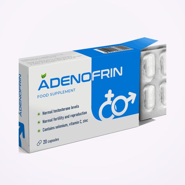 Caja blanca y azul de Adenofrin con un blíster asomando, sobre fondo claro