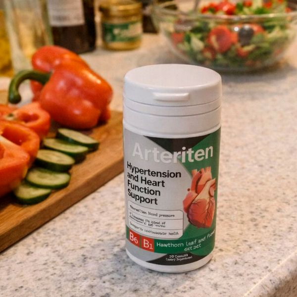 Bote de Arteriten en una encimera, junto a pimientos y pepino cortados