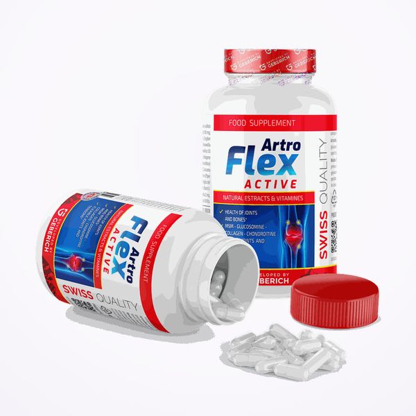 Dos botes de ArtroFlex Active, uno tumbado y abierto con las cápsulas fuera