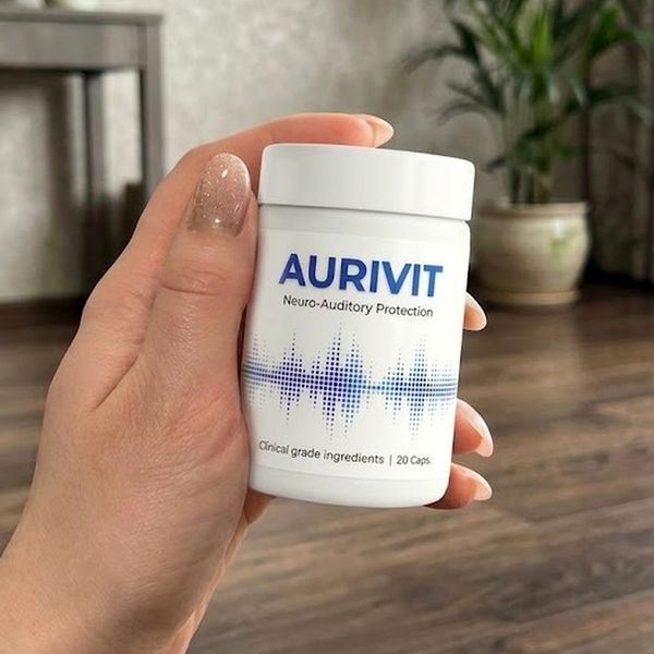 Mano que sostiene el bote blanco de Aurivit con una onda de sonido azul