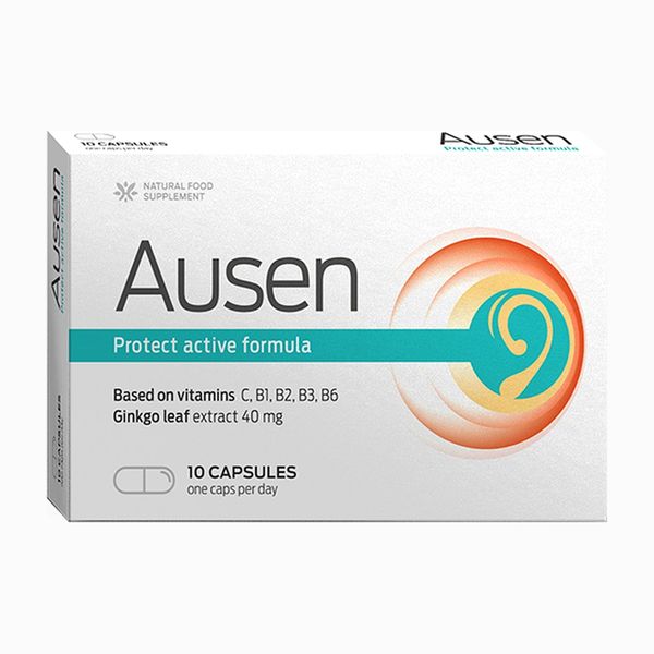 Caja blanca de Ausen con franja turquesa y una oreja dibujada entre ondas naranjas, 10 cápsulas, una al día