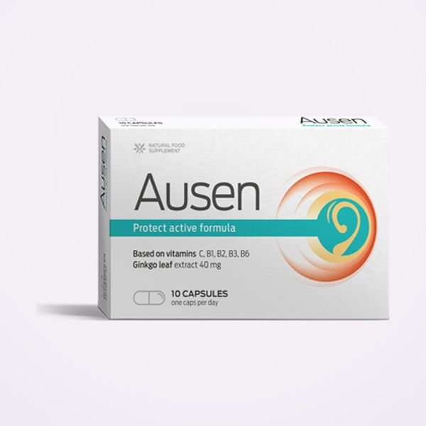 Caja blanca de Ausen de 10 cápsulas, sobre fondo claro