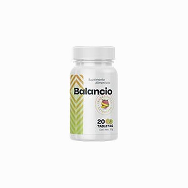 Balancio en bote blanco, de 20 comprimidos, con una franja vertical en espiga verde y dorada