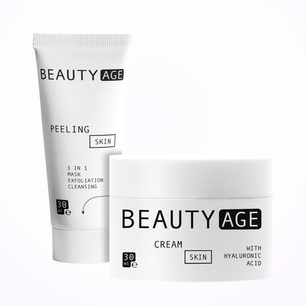 Tubo de peeling y tarro de crema de Beauty Age Complex, sobre fondo claro