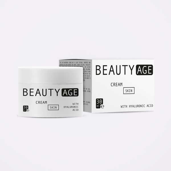Tarro blanco y caja de Beauty Age Skin, sobre fondo claro