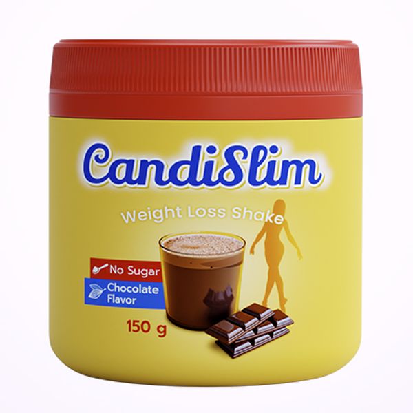 Bote amarillo de CandiSlim de 150 g, de frente sobre fondo claro