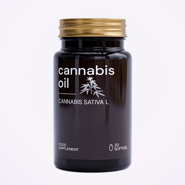 Tarro de vidrio ámbar oscuro de Cannabis Oil, con tapa dorada de rosca, etiqueta negra y 20 perlas