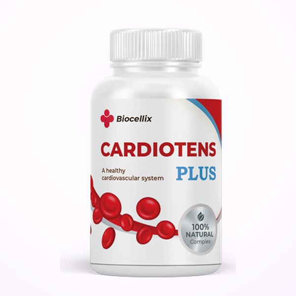 Bote blanco de Cardiotens Plus, de la marca Biocellix, con glóbulos rojos dibujados en la etiqueta