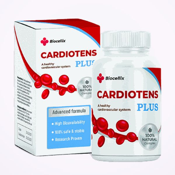 Caja y bote de Cardiotens Plus, de la marca Biocellix, sobre fondo claro