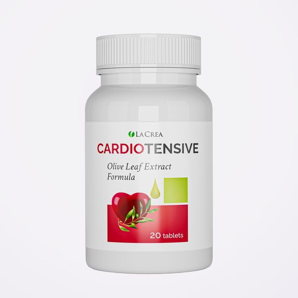 Bote blanco de Cardiotensive, marca La Crea, con un corazón rojo y una rama de olivo en la etiqueta