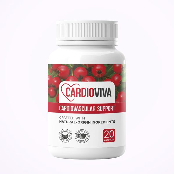Bote blanco de CardioViva, 20 cápsulas, con bayas rojas de espino en la etiqueta y sellos GMP y «GMO free»