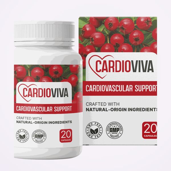 Bote y caja de CardioViva con bayas rojas en la etiqueta, sobre fondo claro