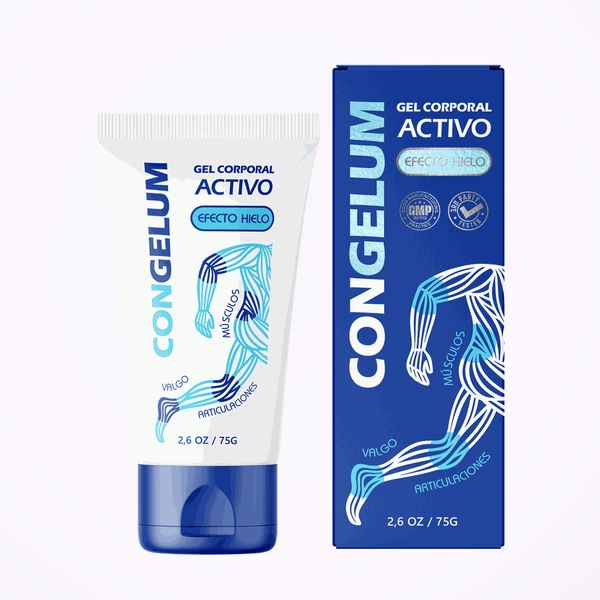 Tubo blanco y caja azul de Congelum, gel corporal de efecto hielo