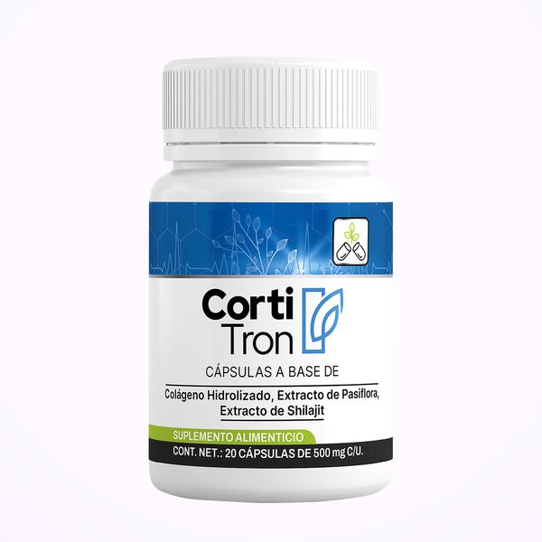 Bote blanco de Cortitron, etiqueta azul y blanca, con colágeno hidrolizado, pasiflora y shilajit en el frontal