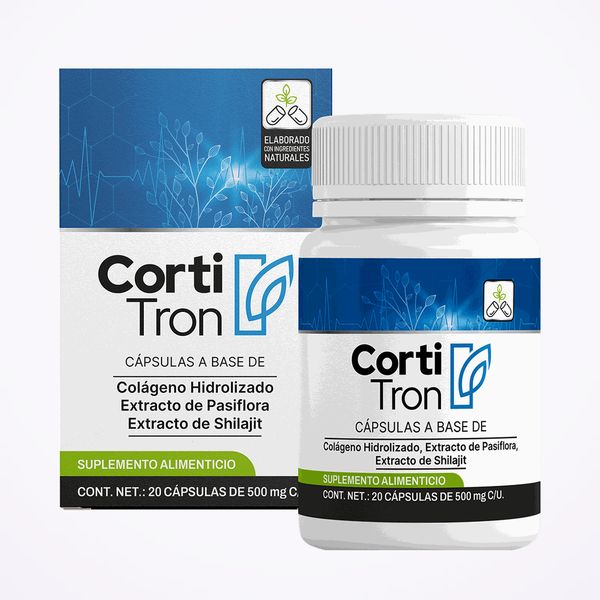 Caja y bote de Cortitron de 20 cápsulas, en azul y blanco