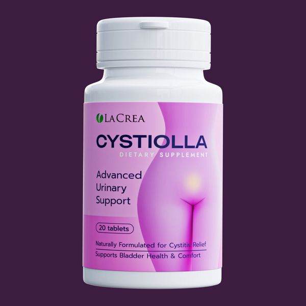Bote blanco y rosa de Cystiolla de 20 comprimidos, sobre fondo morado