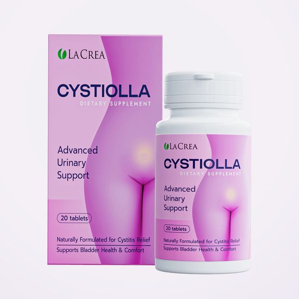 Caja y bote de Cystiolla, de la marca La Crea, sobre fondo claro