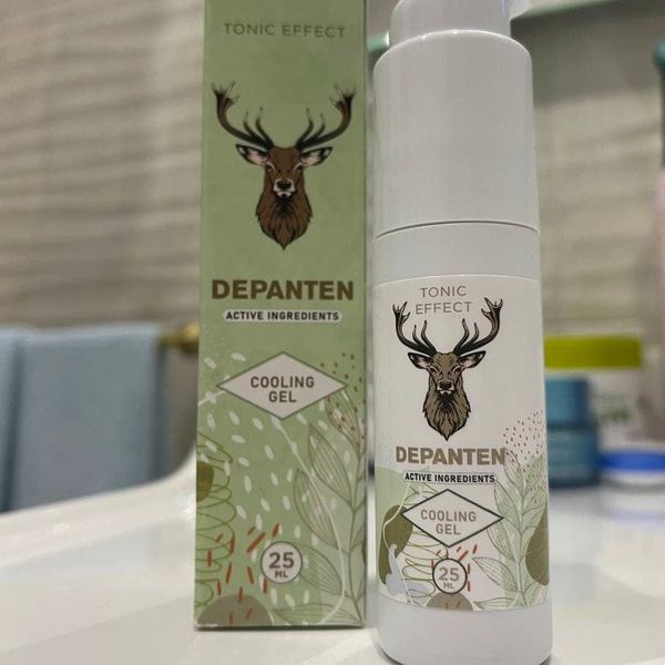 Caja y frasco de Depanten de 25 ml vistos de cerca