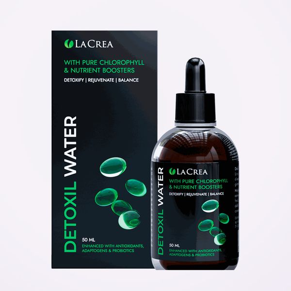 Caja negra y frasco cuentagotas de Detoxil Water de 50 ml