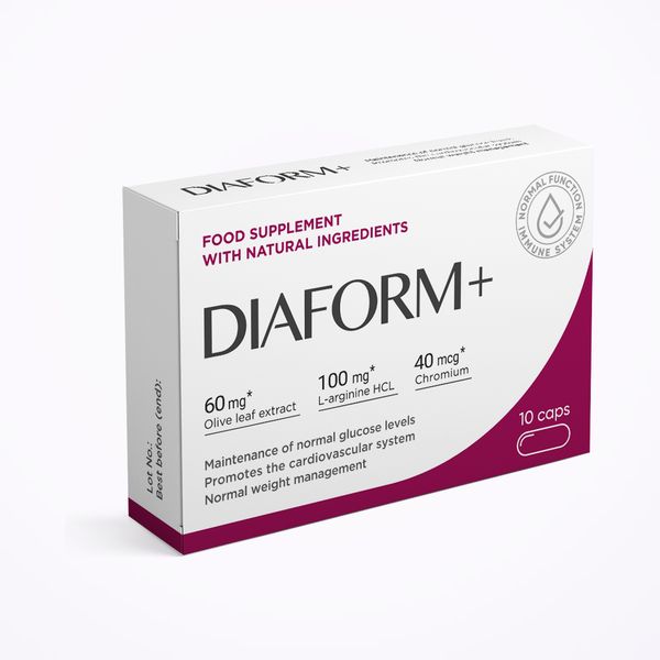 Caja blanca con curva granate de Diaform+, 10 cápsulas, con tres cifras en el frontal: olivo, arginina y cromo