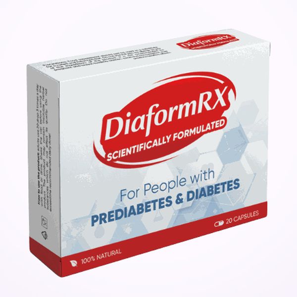 Caja blanca y roja de DiaformRX, sobre fondo claro