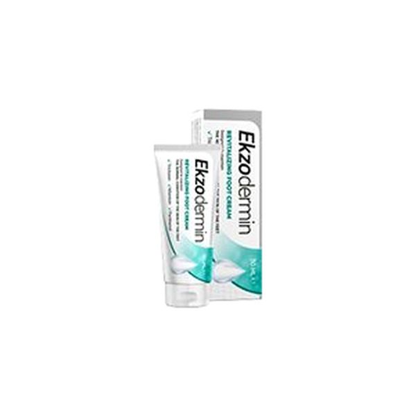 Tubo blanco y verde agua de Ekzodermin, crema para los pies, delante de su caja a juego sobre fondo blanco