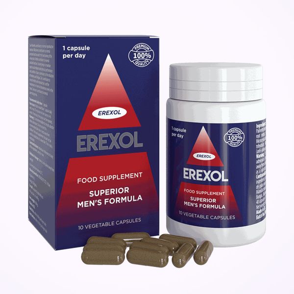 Bote blanco y caja azul marino de Erexol, con un triángulo rojo, y cápsulas de color verde parduzco delante