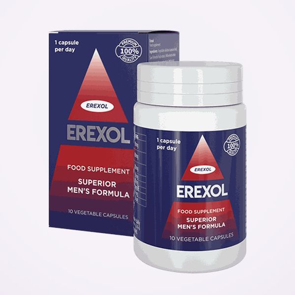 Caja azul y roja de Erexol con su bote blanco delante, sobre fondo claro