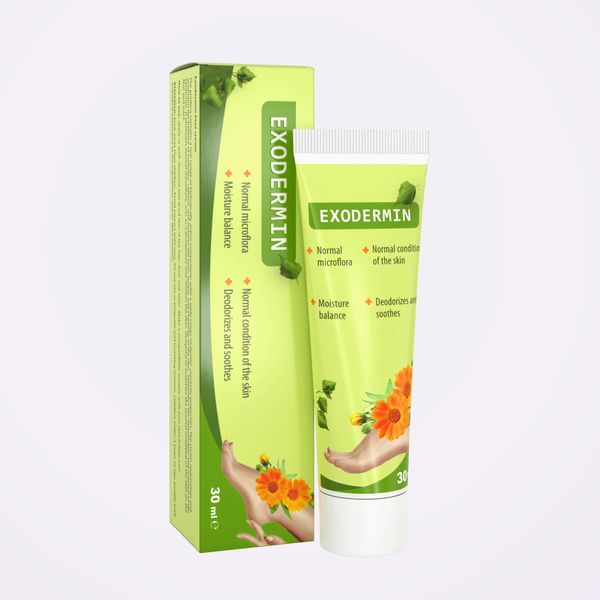 Tubo verde lima de Exodermin, de 30 ml, con caléndulas naranjas, de pie junto a su caja alargada a juego
