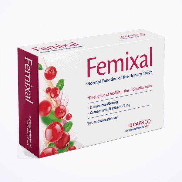 Caja blanca de Femixal con lateral granate y arándanos rojos dibujados, 10 cápsulas