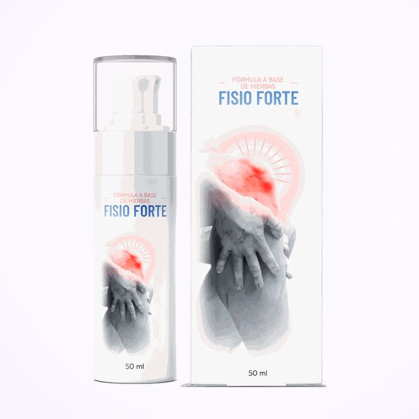 Frasco airless blanco de Fisio Forte y su caja de 50 ml, con el dibujo gris de unas manos sobre una rodilla