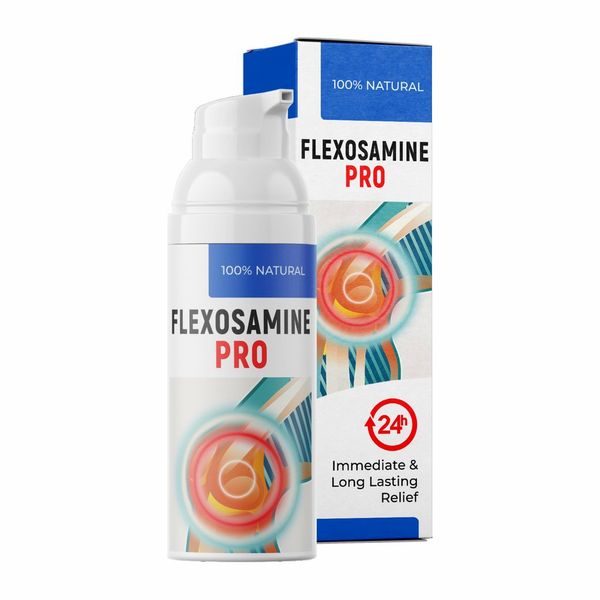 Frasco blanco con pulsador de Flexosamine PRO, con una articulación dibujada, ante su caja blanca y azul