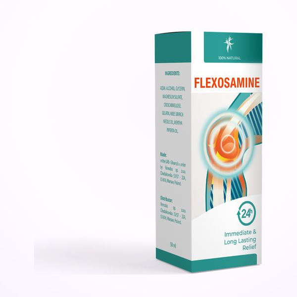 Caja blanca y turquesa de Flexosamine de pie, sobre fondo blanco