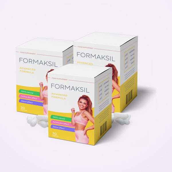 Tres cajas blancas y amarillas de Formaksil, sobre fondo claro