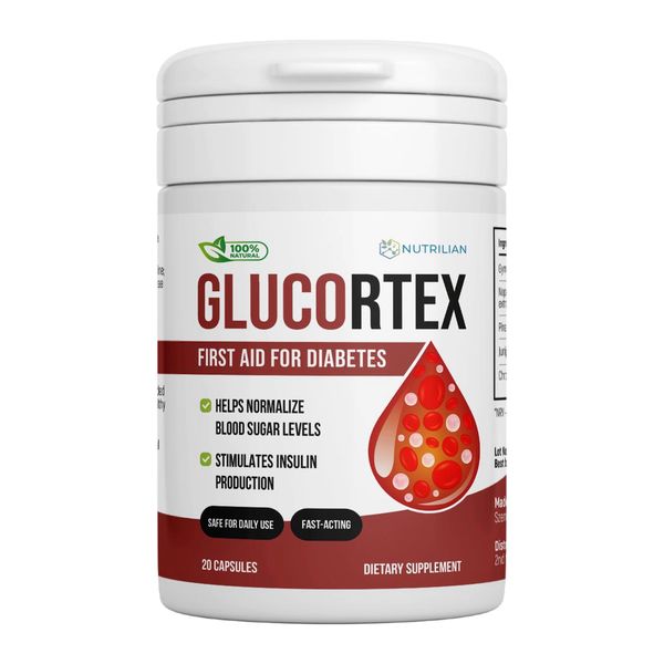 Bote blanco de Glucortex de 20 cápsulas con etiqueta blanca y granate