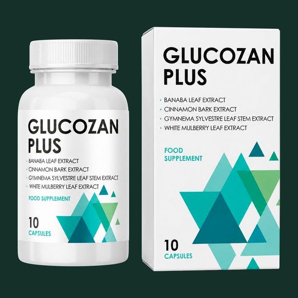 Bote blanco y caja de Glucozan Plus de 10 cápsulas, sobre fondo verde oscuro