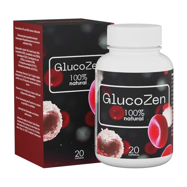 Bote blanco de GlucoZen delante de su caja granate, sobre fondo claro
