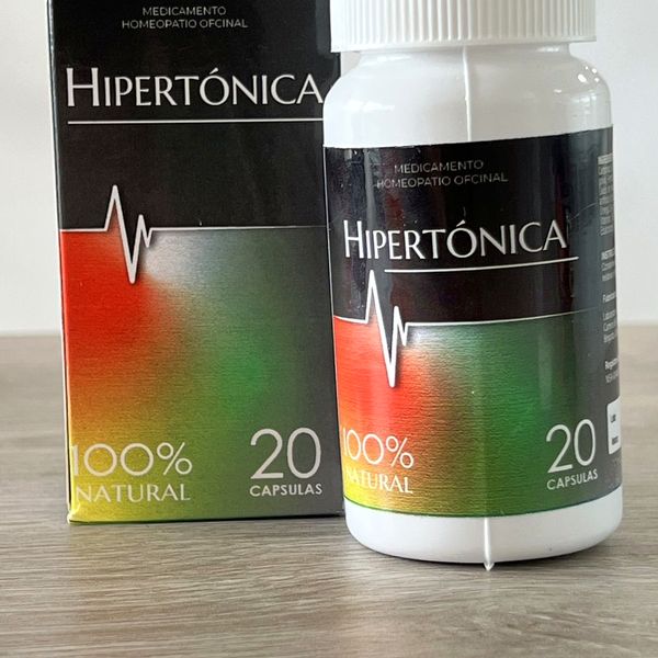Caja y bote de Hipertónica de 20 unidades sobre una mesa
