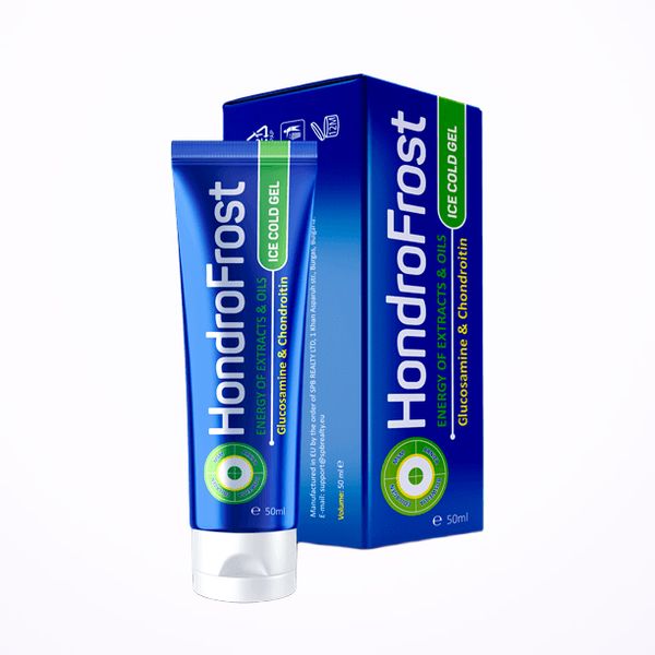Tubo azul de HondroFrost con tapón blanco delante de su caja azul y verde, los dos rotulados Ice Cold Gel