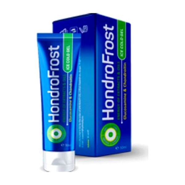 Tubo y caja azules de HondroFrost vistos en diagonal