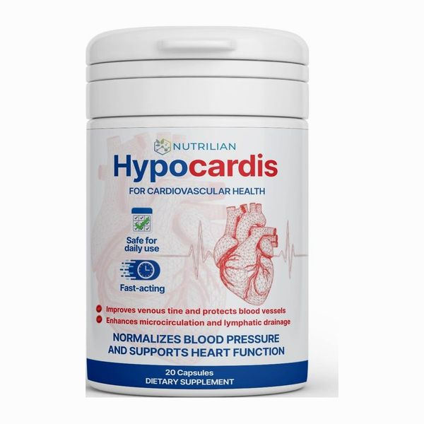 Hypocardis en bote blanco, 20 cápsulas, con franja azul y un corazón rojo trazado a líneas en la etiqueta