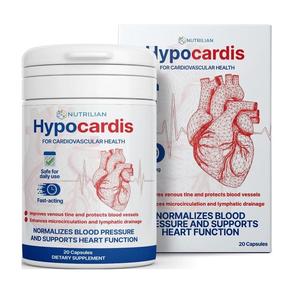 Bote blanco y caja de Hypocardis de 20 cápsulas con un corazón dibujado