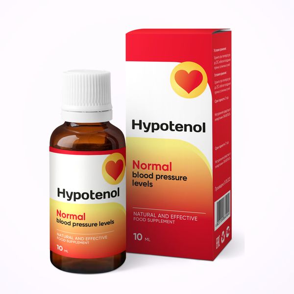 Frasco ámbar de Hypotenol, de 10 ml y tapón blanco, junto a su caja roja y blanca con un corazón