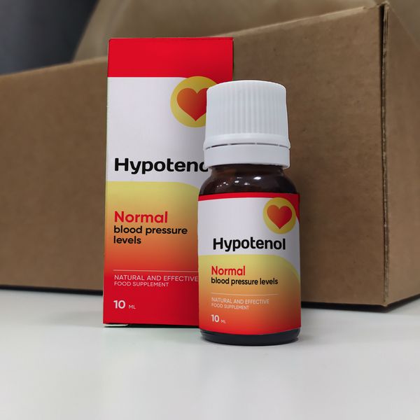 Frasco ámbar de Hypotenol de 10 ml delante de su caja roja y blanca