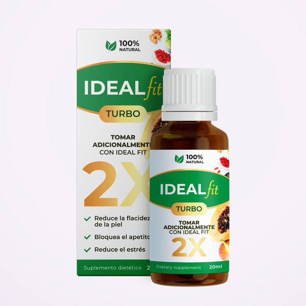 Frasco cuentagotas ámbar de IdealFit Turbo, 20 ml, delante de su caja blanca y verde con un 2X dorado