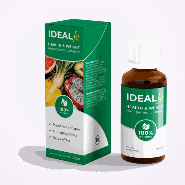 Caja verde y blanca de IdealFit con frutas tropicales junto a su frasco ámbar de 20 ml con tapón blanco