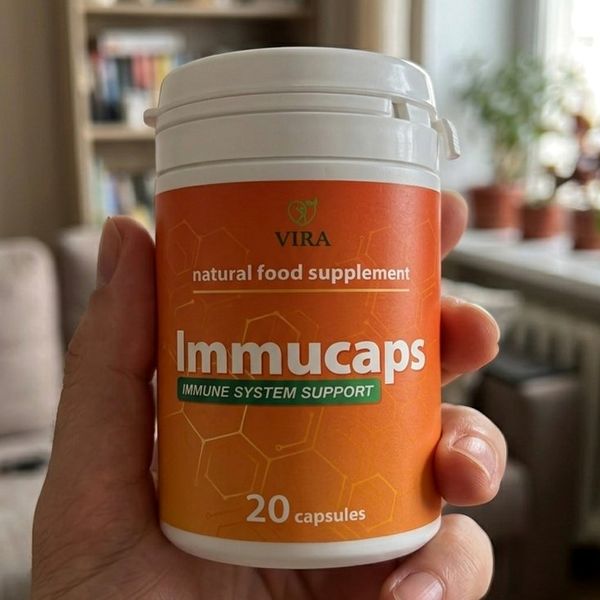 Una mano acerca a la cámara el bote naranja de Immucaps, de tapa blanca y 20 cápsulas, en un salón con plantas