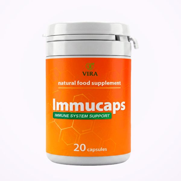 Bote naranja de Immucaps de 20 cápsulas, sobre fondo blanco