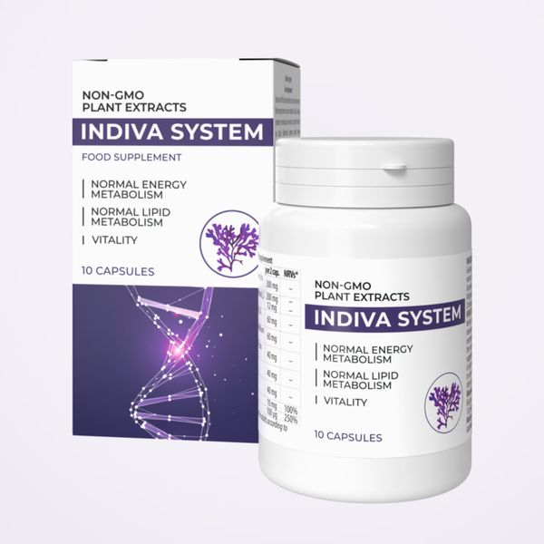 Indiva System en bote blanco, 10 cápsulas, delante de su caja blanca y morada con una hélice de ADN