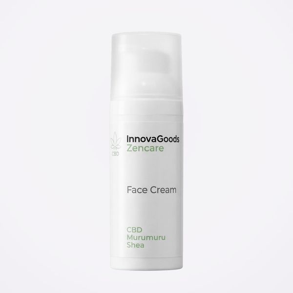 Frasco blanco de InnovaGoods Zencare con pulsador y tapa transparente; en la etiqueta, CBD, Murumuru y Shea